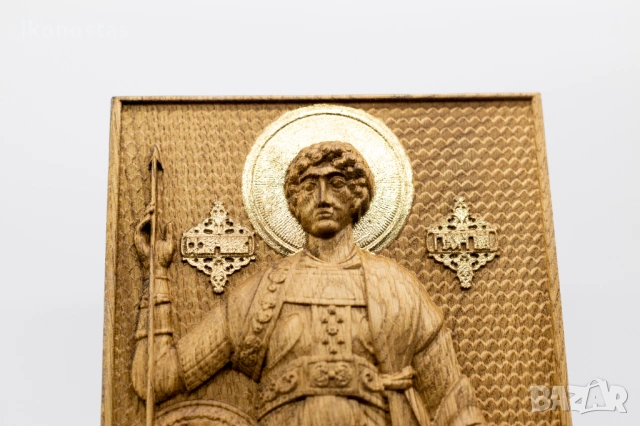 Позлатена релефна икона Свети Георги Победоносец от дъб, снимка 6 - Икони - 53223744
