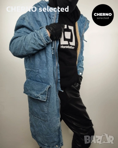 Дълго деним яке тип парка с шерпа подплата и качулка ZARA Denim Sherpa Hooded Longline Jacket – L•XL, снимка 8 - Якета - 53669998