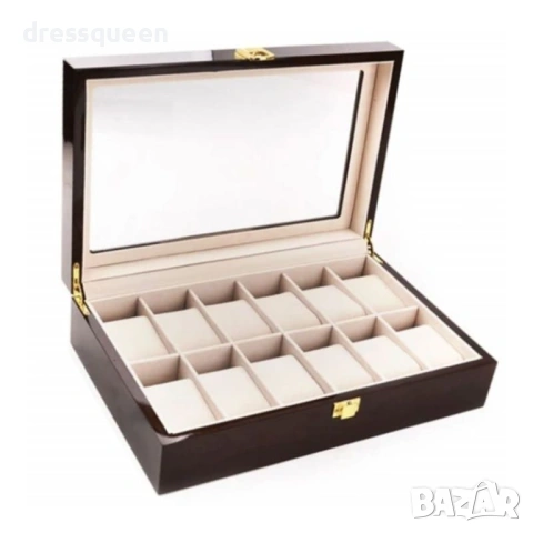 4862 Луксозна кутия за 12 часовника от орехово дърво със стъклен капак и мека подплата, снимка 4 - Подаръци за мъже - 53709931
