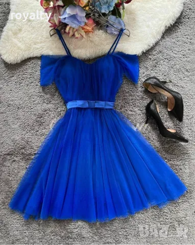 Рокля с тюл в цвят турско синьо 