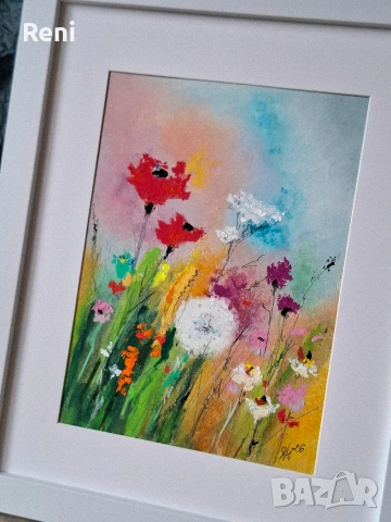 Лятно поле, пастелна картина, оригинал, снимка 4 - Картини - 54088387