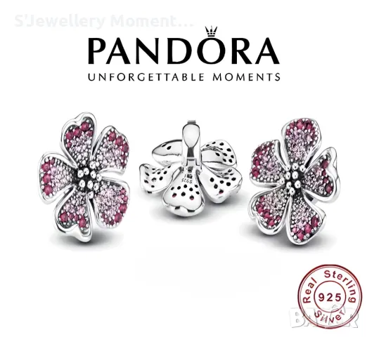 Сребърен елемент PANDORA 925 Chinese Peach Blossom Charm Колекция Pavé., снимка 1 - Гривни - 47140842