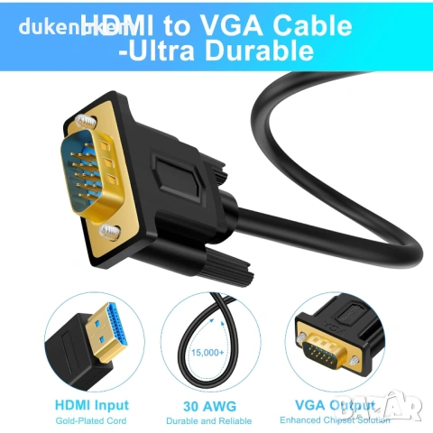 HDMI към VGA кабел  – 1080p Full HD, 1.8 м, снимка 3 - Кабели и адаптери - 53257978