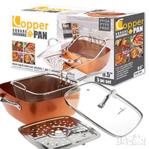 Топ цена! Нов дълбок тиган Copper Pan комплект от 4 части, Незалепващо покритие, 5 начина на готвене, снимка 13 - Съдове за готвене - 46104920