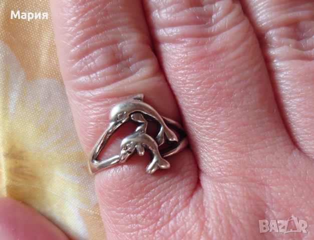 Сребърен пръстен с делфини, снимка 7 - Пръстени - 53056700
