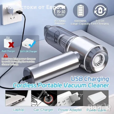 Безжична прахосмукачка за кола, мини прахосмукачка 21000PA с висока мощност, 4 в 1, снимка 7 - Прахосмукачки - 50207653