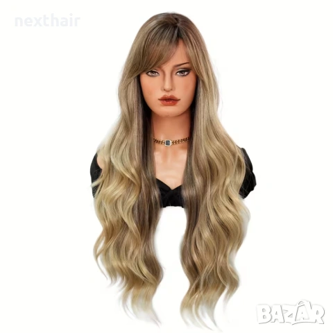 Руса омбре перука с тъмни корени и бретон - 80 см дължина, обем и вълни, снимка 7 - Аксесоари за коса - 53558667