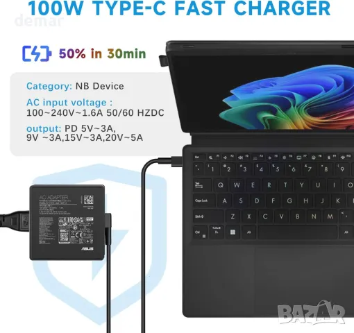 100W USB C зарядно за лаптоп за Asus, A20-100P1A, снимка 6 - Друга електроника - 50302561
