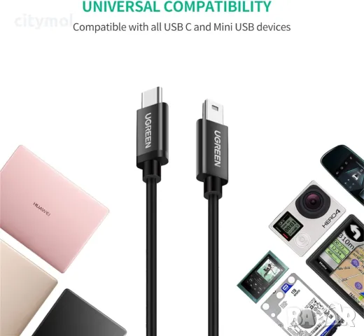 UGREEN USB C към Mini USB кабел, за цифров фотоапарат, MP3 плейър, GPS и др. 100 см, снимка 2 - USB кабели - 46990968