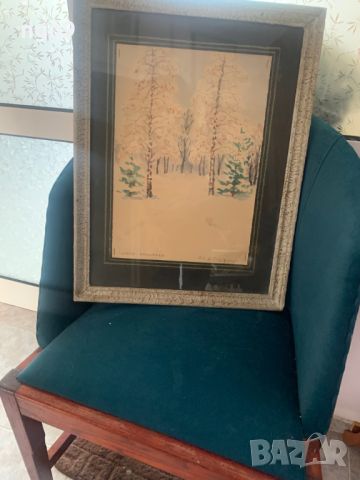 Продавам стара картина "Зимна приказка" с рамка ,паспарту и стъкло - акварел , снимка 5 - Антикварни и старинни предмети - 45931291