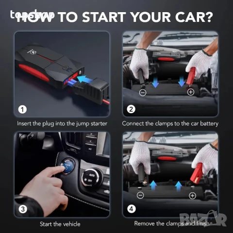 FLYLINKTECH Смарт Jump Starter 2500A/12V до 8.0L газ/6.5L дизел/Power bank 13200mAh/LED фенерче, снимка 4 - Аксесоари и консумативи - 50501167