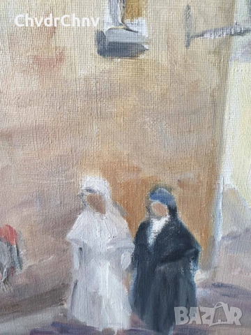 Nilsson 54х46см/шведска стара картина масло върху платно/градски пейзаж/жени-монахини/дървена рамка, снимка 6 - Картини - 51535073