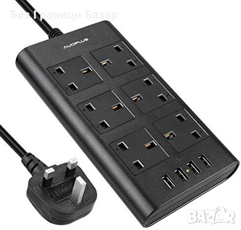 Нов UK Мултиразклонител 6 AC + 4 USB, защита от пренапрежение, 2 мeтра кабел