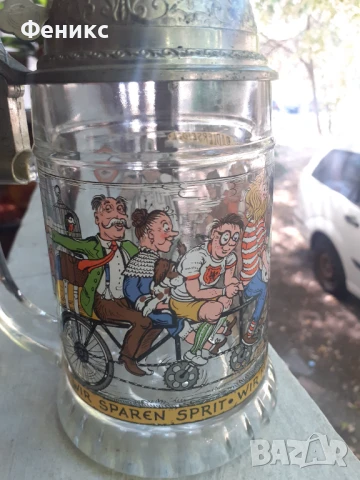 Стара немска халба за бира със звънец, снимка 2 - Антикварни и старинни предмети - 51357856