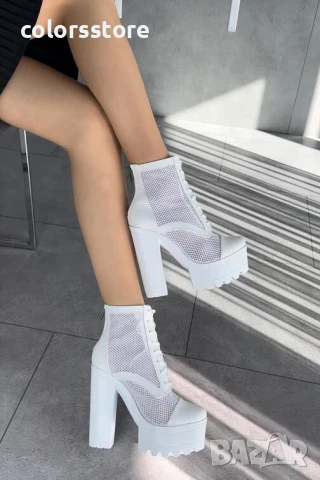 Летни боти на ток - бяла кожа с мрежа - 74-2 , снимка 2 - Дамски боти - 51257866
