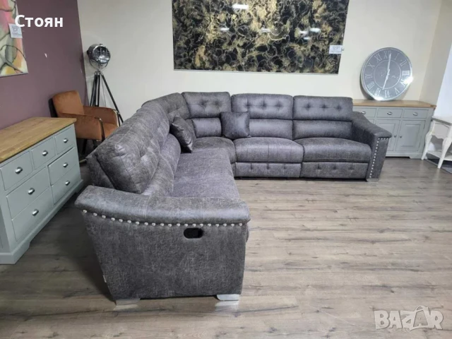 Кафяв ъглов диван от плат La-z-boy с ръчен релаксиращ механизъм, снимка 6 - Дивани и мека мебел - 50838162