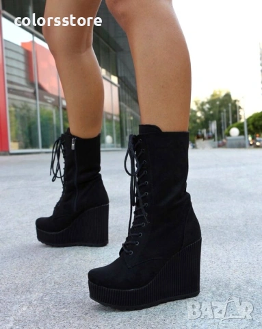 Боти на платформа - черен велур - TD33, снимка 2 - Дамски боти - 36796702