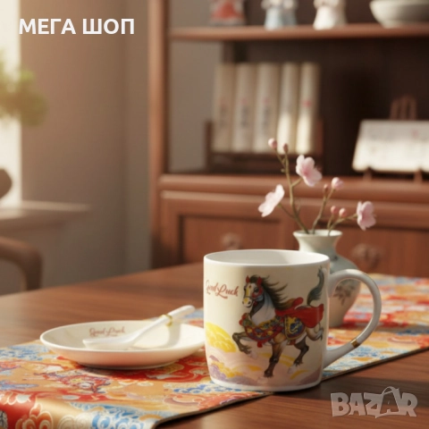 Подаръчен късметлийски порцеланов комплект – чаша, чинийка и лъжичка с празничен дизайн на коне, снимка 3 - Чаши - 52583989