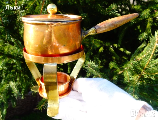 Медна тенджера с мангал,комплект за масло,мляко,фондю. 