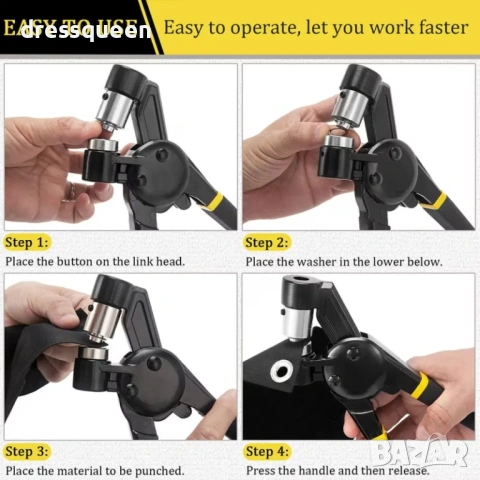 4889 Професионални усилени клещи за капси (10mm) с 200 халки – Пълен комплект за тежък брезент, снимка 3 - Други инструменти - 53624438