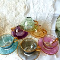  Стьклен цветен сервиз за чай, снимка 3 - Чаши - 45225469