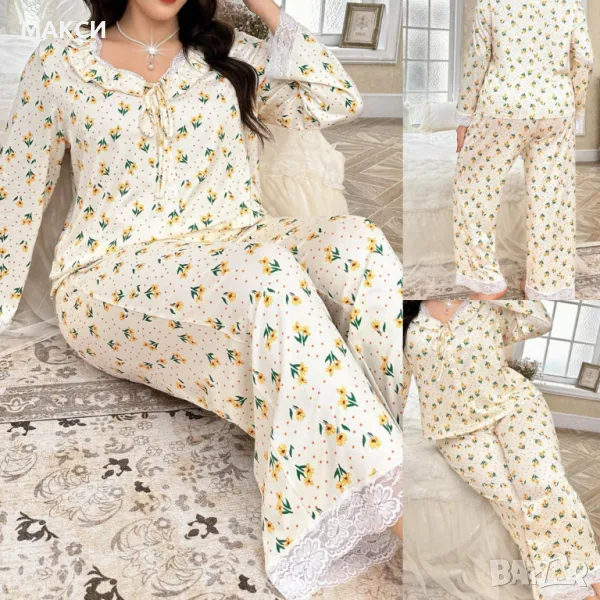 Макси чудесен силно еластичен и мек комплект/пижама/ - блуза с къдрички + долнище с ластична висока , снимка 1