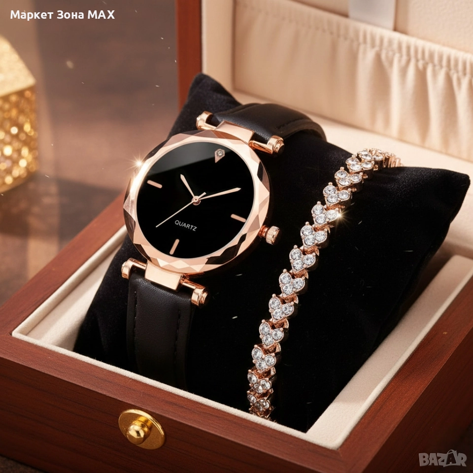 Ново Луксозен ежедневен Дамски комплект часовник и гривна с розово злато , снимка 1