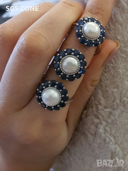 СРЕБЪРЕН ПРЪСТЕН С ПЕРЛИ, ОБКРАЧЕНИ ОТ САПФИРИ ИЛИ РУБИНИ, ТАЙЛАНД, снимка 1