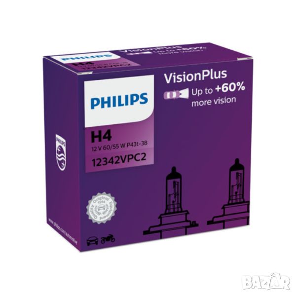 PHILIPS H4 Vision Plus 60% халогенни крушки, снимка 1