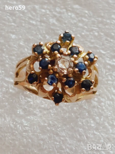 Стар антикварен златен пръстен с диамант и сапфири, снимка 1