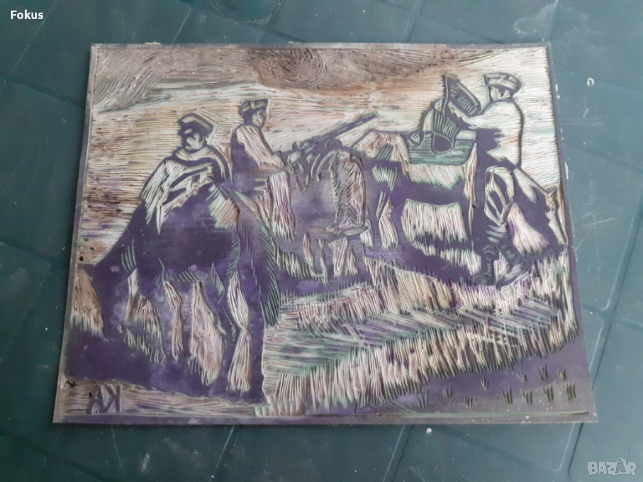 Оригинална стара матрица за линогравюра с подпис КА, снимка 1