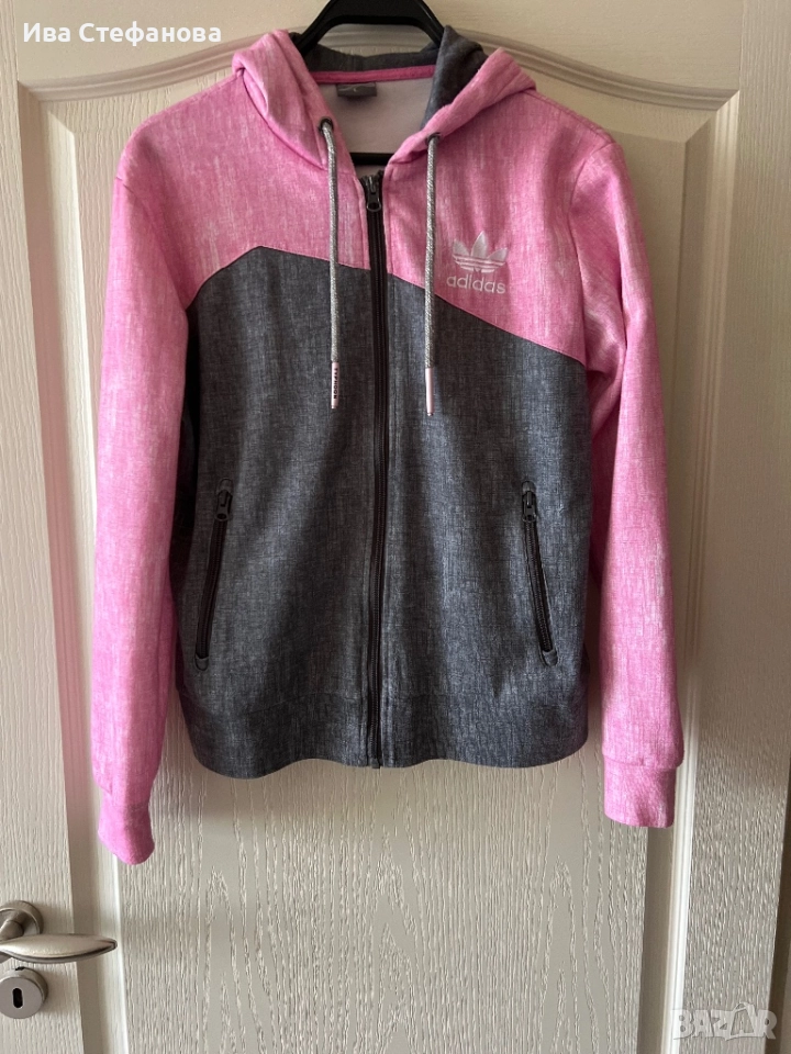Спортно горнище худи с качулка и цип Adidas сиво розово, снимка 1