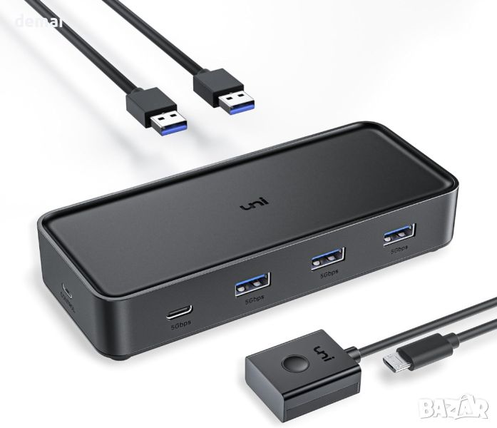 uni USB 3.0 превключвател, 4 порта USB превключвател към 2 компютъра, с дистанционно управление, снимка 1