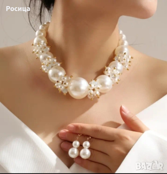 Дамски комплект колие с обеци перлени, снимка 1