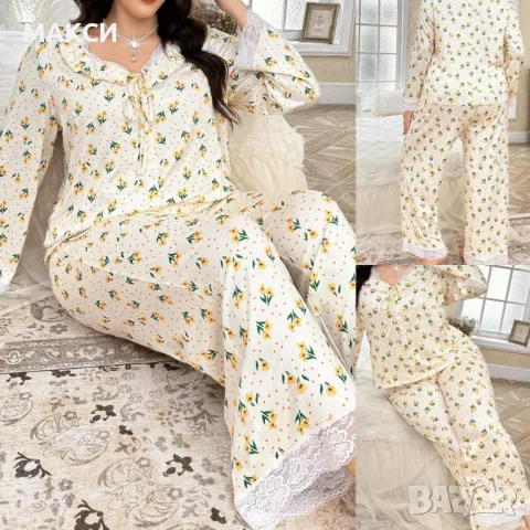 Макси чудесен силно еластичен и мек комплект/пижама/ - блуза с къдрички + долнище с ластична висока 