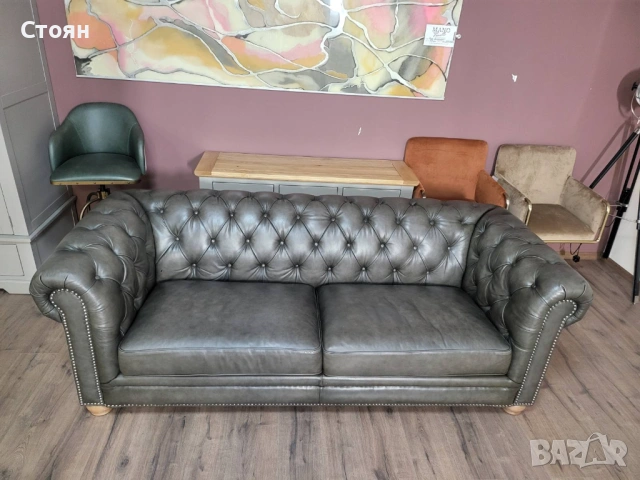 Сиво - зелен кожен диван тройка тип Честърфийлд, снимка 6 - Дивани и мека мебел - 54289085