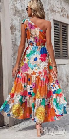 Цветна лятна дълга рокля с едно рамо, снимка 2 - Рокли - 46412999