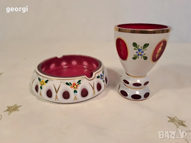 кристален пепелник с ваза Bohemia цветен рубинен кристал с позлата , снимка 5 - Антикварни и старинни предмети - 50855900