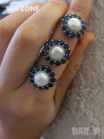 СРЕБЪРЕН ПРЪСТЕН С ПЕРЛИ, ОБКРАЧЕНИ ОТ САПФИРИ ИЛИ РУБИНИ, ТАЙЛАНД