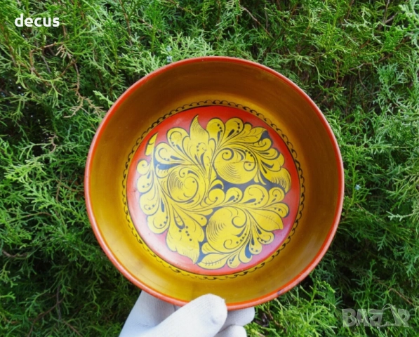 Оригинална съветска ръчно изработена купа Хохлома, винтидж, снимка 4 - Антикварни и старинни предмети - 51456776