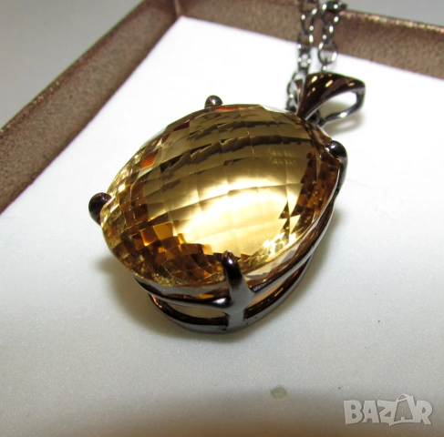 925 сребърно колие с родиево покритие камък цитрин 50 карата, снимка 3 - Колиета, медальони, синджири - 54053214