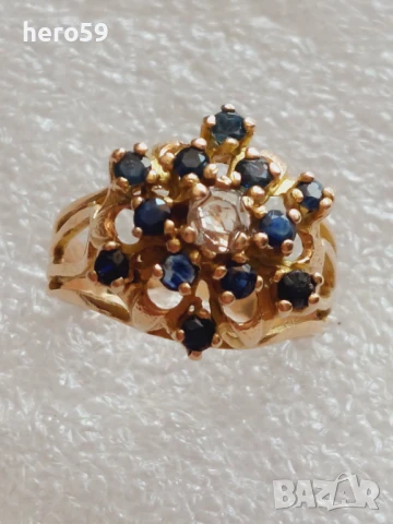 Стар антикварен златен пръстен с диамант и сапфири, снимка 1