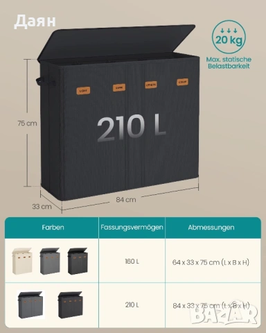 Кош за пране SONGMICS с 4 отделения, 210 л, с капак, 5 етикета, подвижна и переща се вътрешна торба, снимка 2 - Други стоки за дома - 53269984