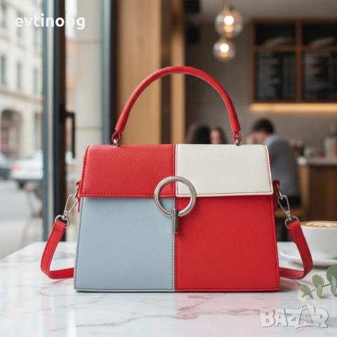 Многоцветна дамска чанта с метална тока и дълга дръжка, снимка 4 - Чанти - 53781855