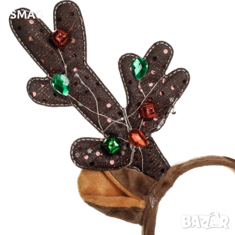 Коледна диадема с ушички, бронзови рога с пайети и LED светлини_1255075, снимка 3 - Шноли, диадеми, ленти - 52730947