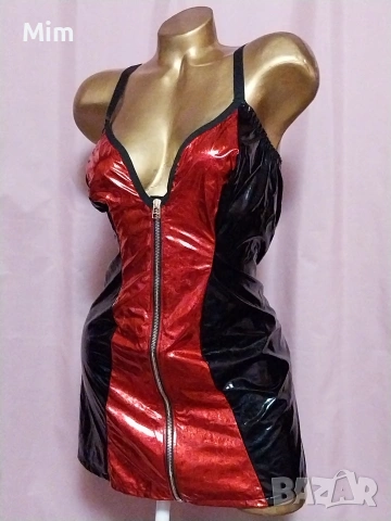 4XL Червена лачена рокля с цип по цялата дължина , снимка 2 - Рокли - 53171236
