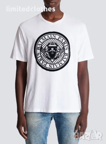 BALMAIN White Flocked Coin Logo Print Oversized Мъжка Тениска size S (L), снимка 3 - Тениски - 47235871