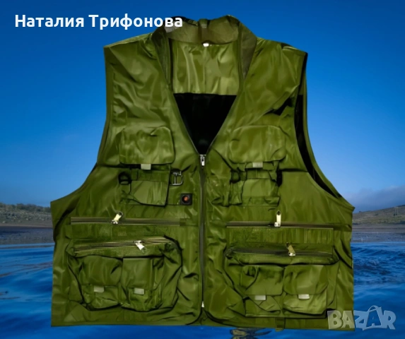 Рибарска жилетка в зелено, размери 2XL/3XL, с много джобове