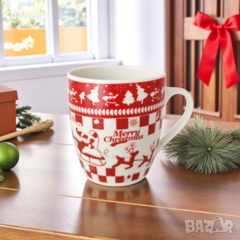 6236 Коледна чаша Merry Christmas, празничен червено бял дизайн, 180 мл, снимка 2 - Чаши - 52100642
