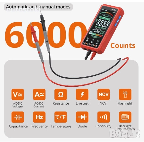 Интелигентен цифров мултицет Proster с автоматично избиране на обхват, 6000 броя True RMS, 5.0-инчов, снимка 2 - Други инструменти - 52485156